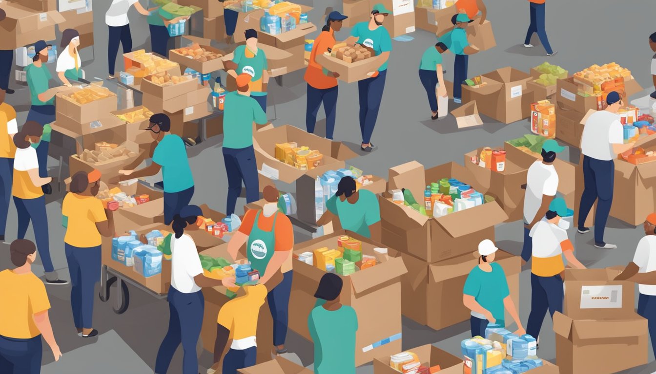 A bustling food drive in Texas with volunteers collecting and sorting donations