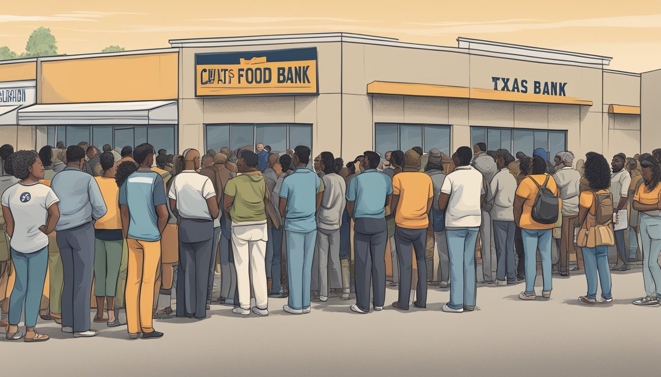 A diverse group of people line up outside a Texas food bank, with signs and banners promoting civil rights and non-discrimination policies