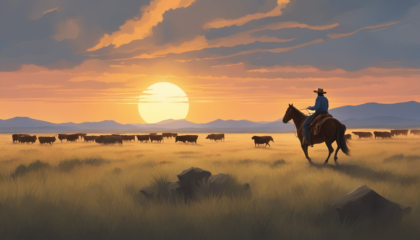 A lone cowboy rides through the vast Texas prairie, with a herd of cattle in the distance and a sunset on the horizon