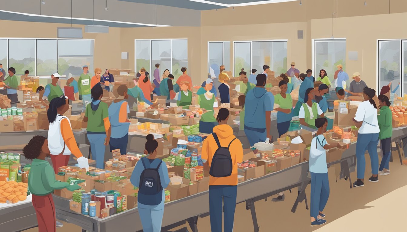 A bustling food drive event in Texas with volunteers collecting and sorting donations, and families receiving food assistance