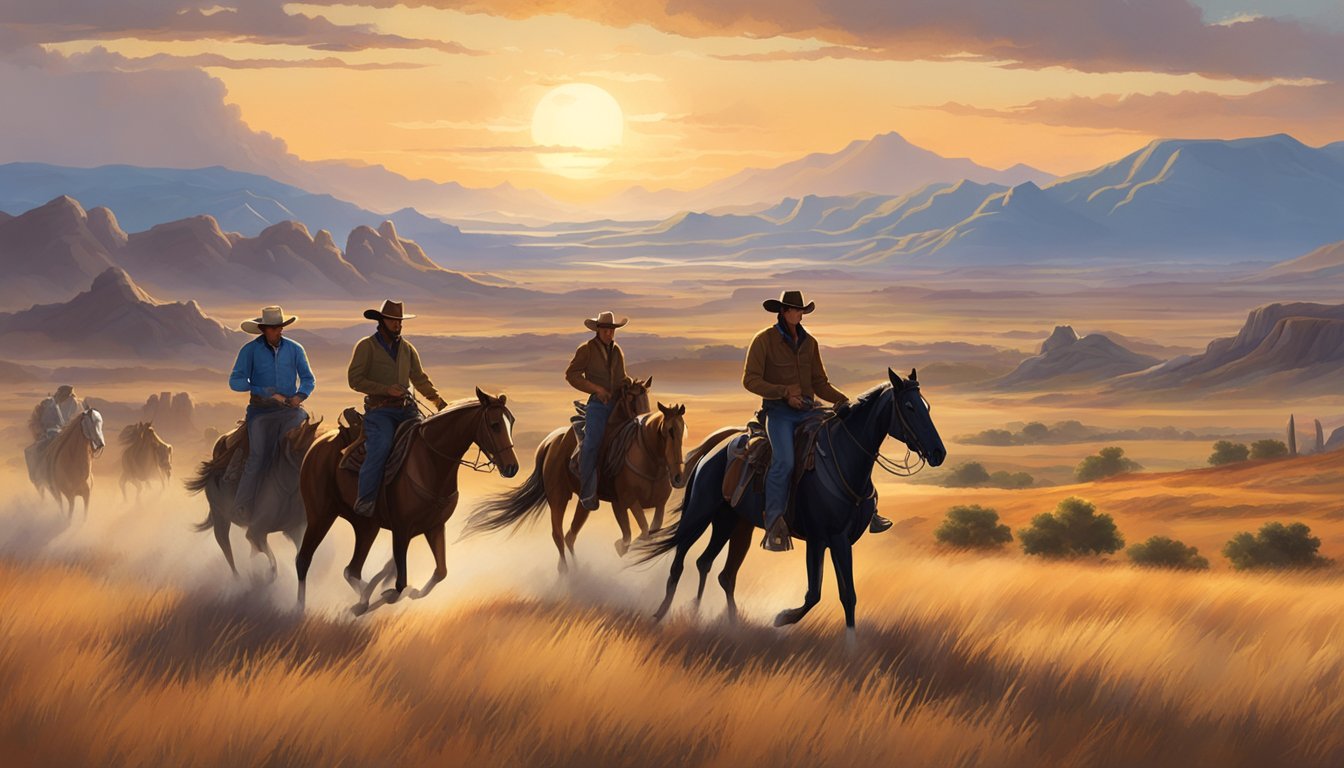 A group of cowboys riding horses across the vast Texas plains, with a backdrop of rugged mountains and a setting sun