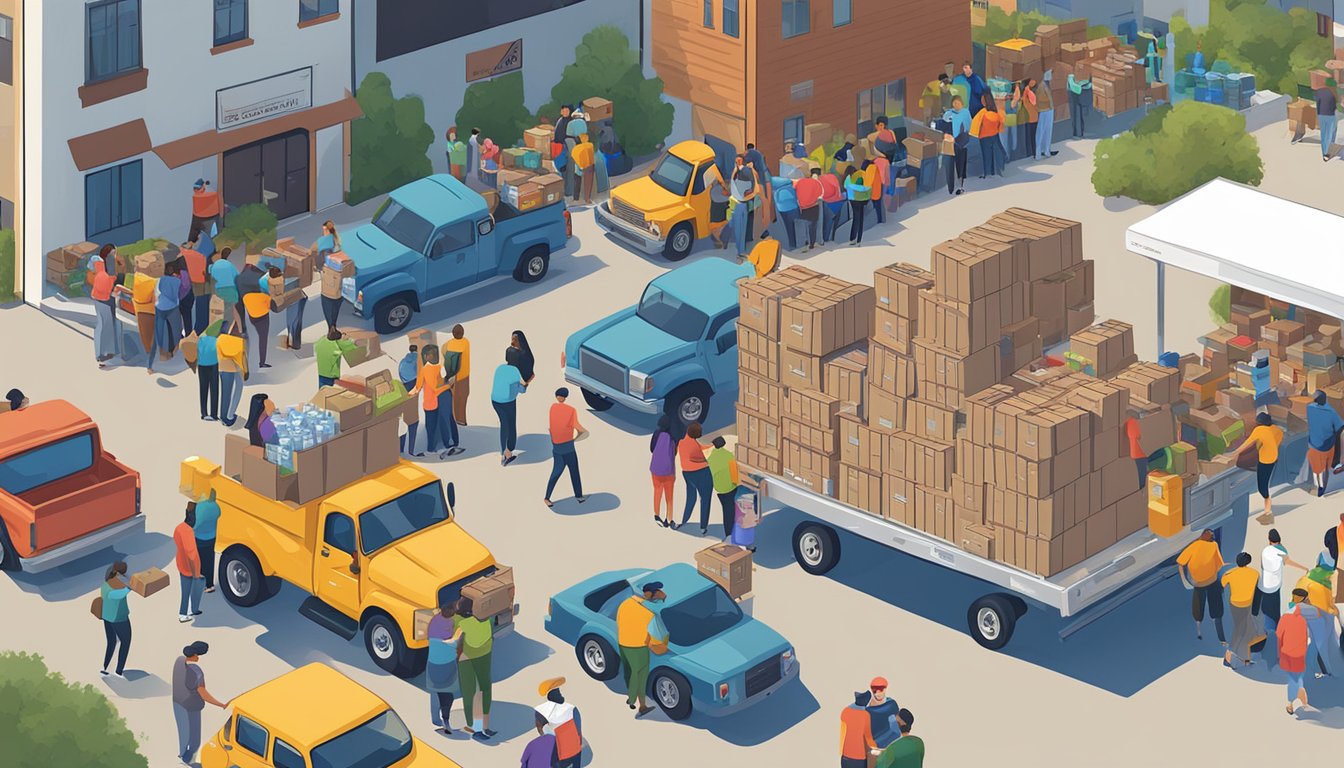 A bustling food drive in Texas, with volunteers unloading boxes of donations and families lining up to receive assistance