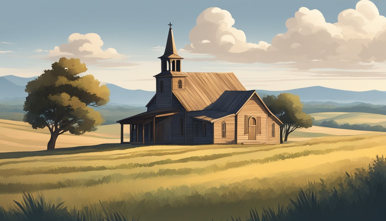 A rustic Texas landscape with a small wooden church building, surrounded by rolling hills and a big open sky