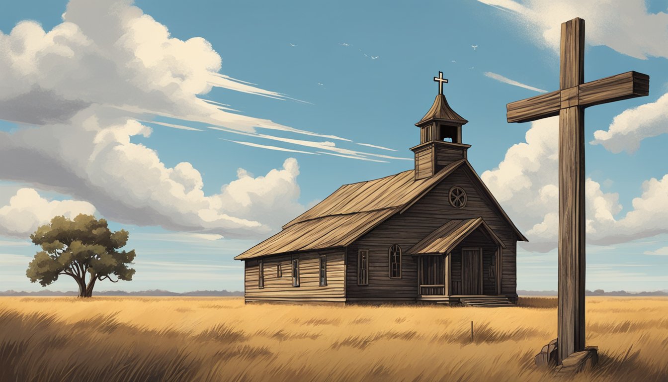 A rustic cowboy church in Texas with a cross atop a weathered wooden building, surrounded by open fields and a big Texas sky