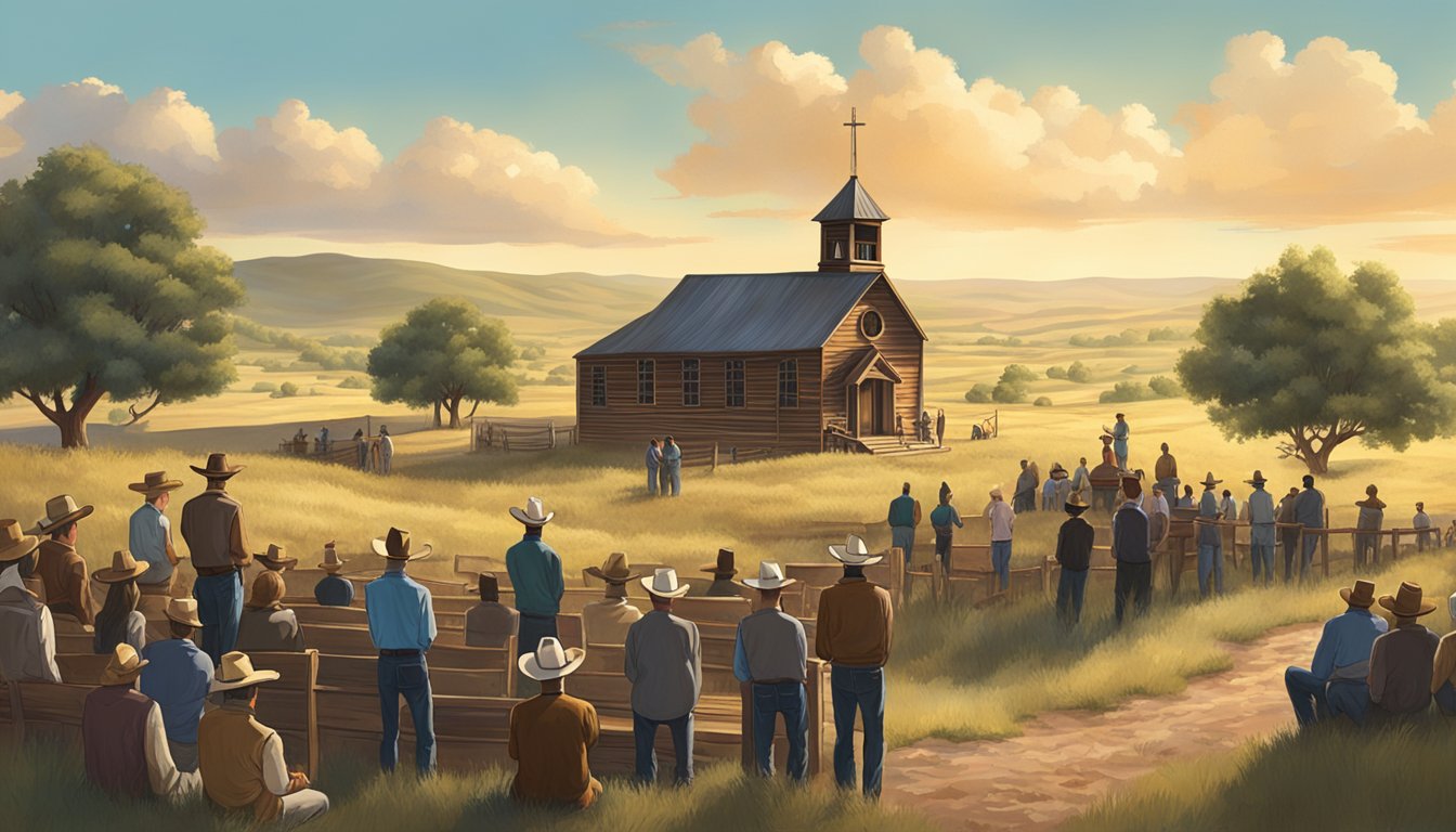 A rustic cowboy church in Texas with worshippers gathered for a sermon amidst rolling hills and a big sky