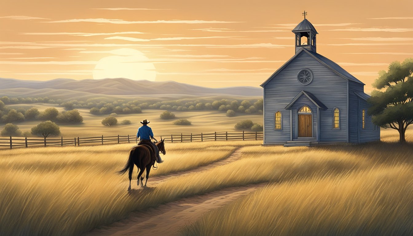 A lone cowboy rides towards a rustic church nestled in the Texas countryside, with a backdrop of rolling hills and a big Texas sky