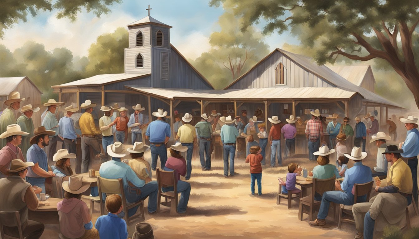 A cowboy church gathering in Texas, with families and community members socializing, praying, and enjoying a western-themed atmosphere