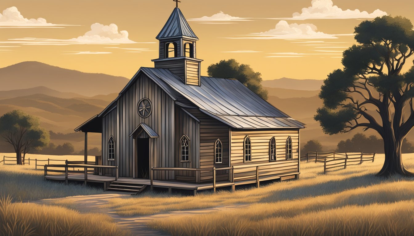 A rustic, wooden cowboy church in Texas, adorned with symbols of sacraments and traditions, set against a backdrop of rolling hills and a big Texas sky