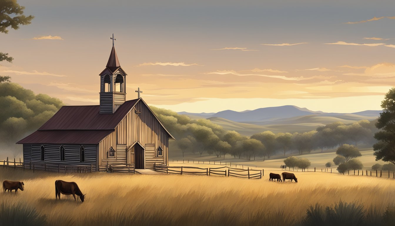 A rustic cowboy church nestled in the Texas countryside, surrounded by rolling hills and grazing cattle