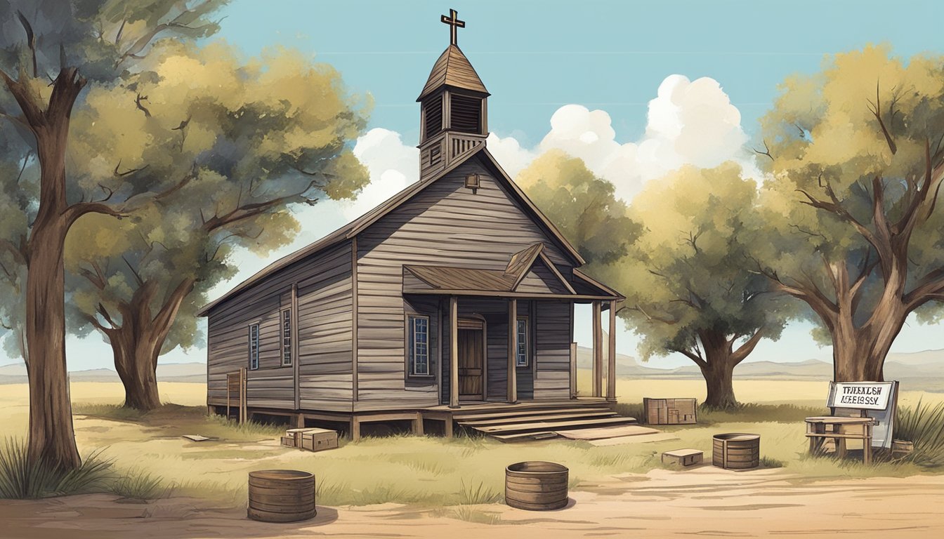 A rustic cowboy church in Texas, with a large wooden cross and a collection box for church finances