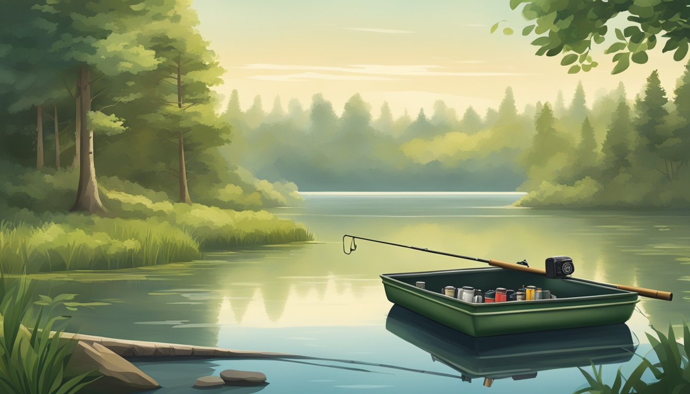 A serene lake surrounded by lush green trees, with a fishing rod and tackle box resting on the shore