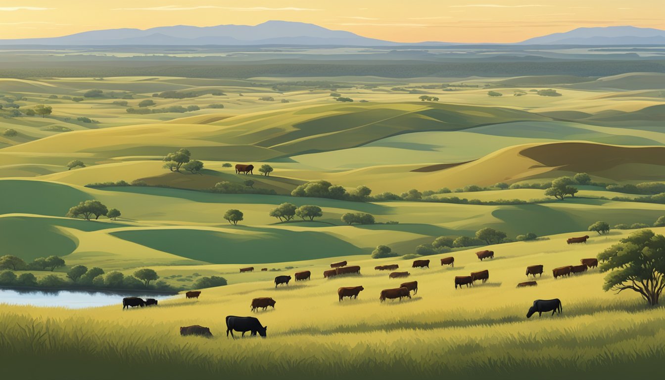 Rolling hills, vast open plains, and grazing cattle on the expansive King Ranch in Texas