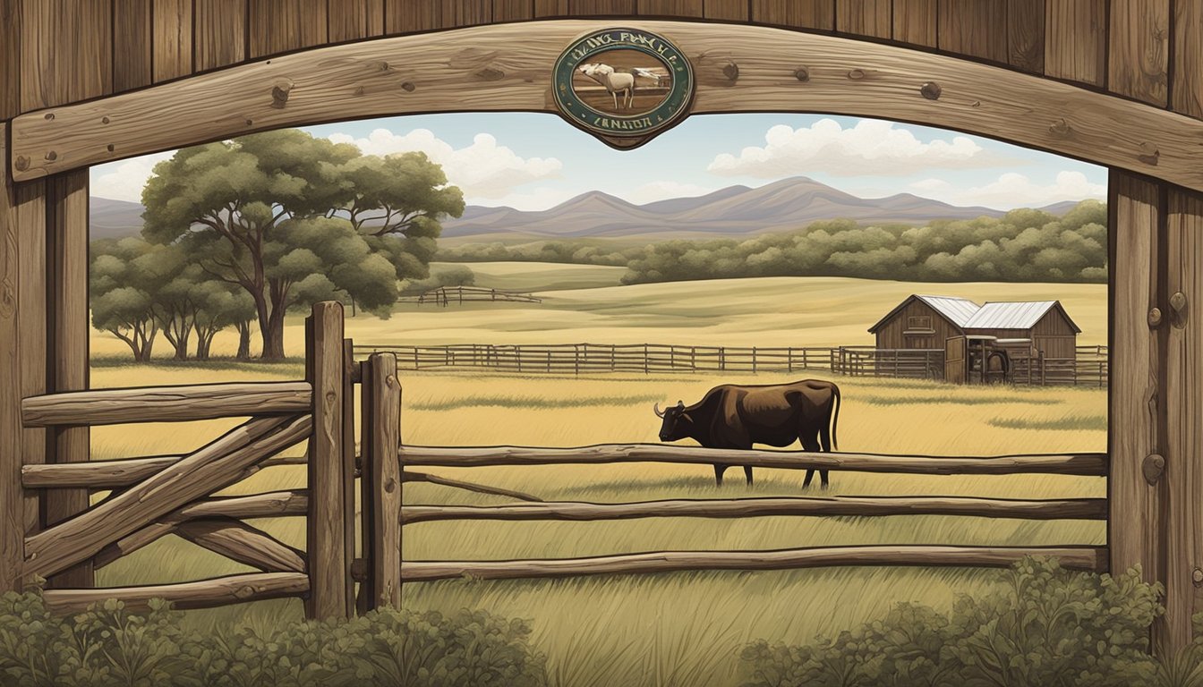 A vast, open landscape with sprawling fields, grazing cattle, and traditional ranching equipment. The iconic King Ranch emblem is prominently displayed on a weathered wooden gate