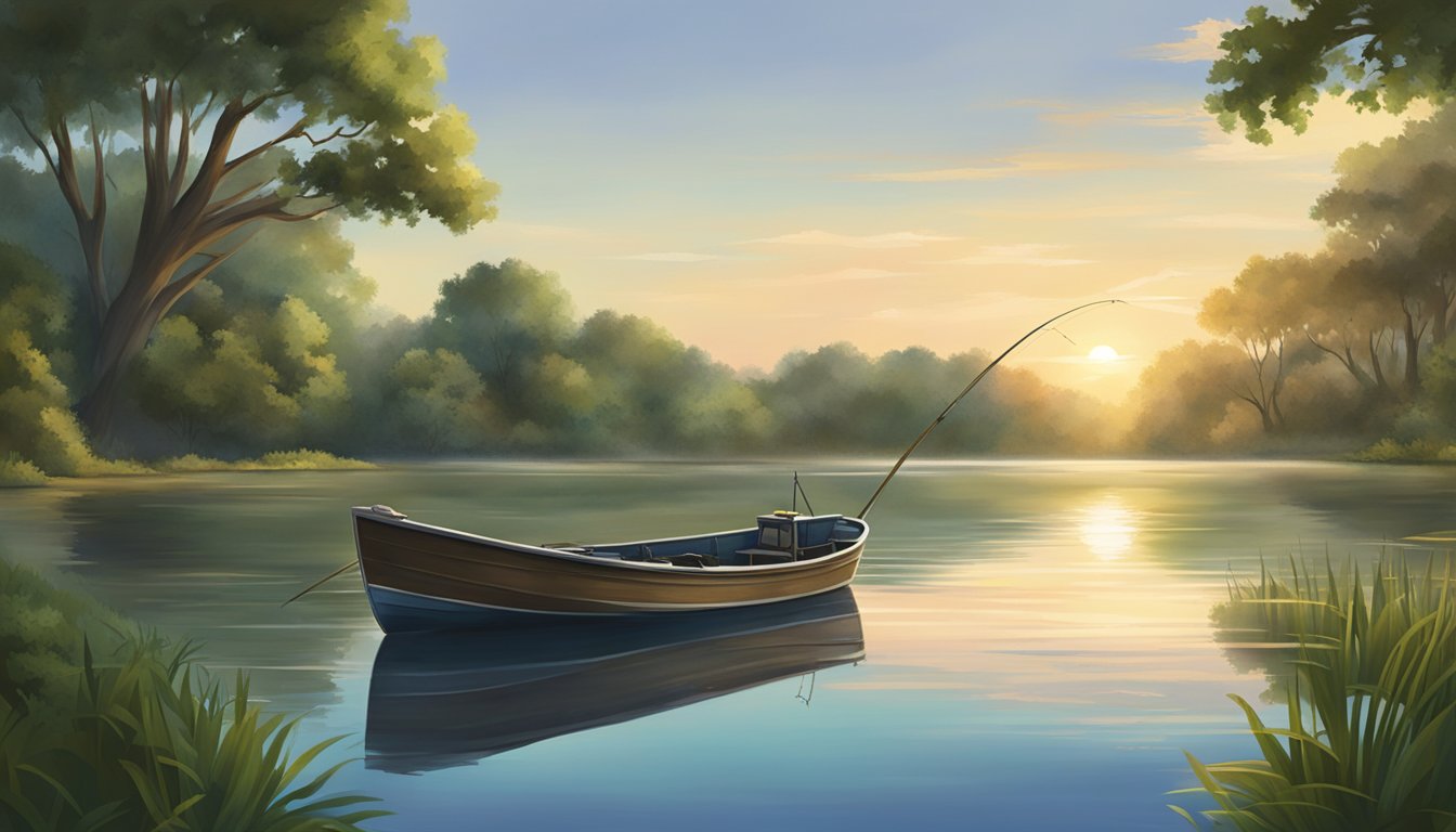 A serene lake at dawn, surrounded by lush greenery. A fishing boat sits at the water's edge, ready for a day of free fishing in Texas