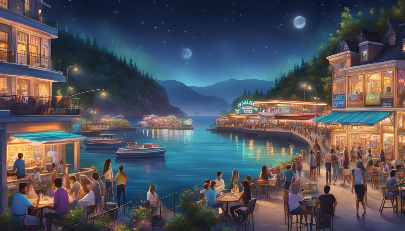 A bustling lakeside strip with neon signs, live music, and waterfront restaurants, surrounded by rocky cliffs and twinkling stars