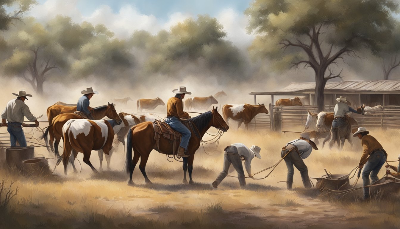 A group of cowboys branding cattle on a Texas ranch, using traditional methods and tools