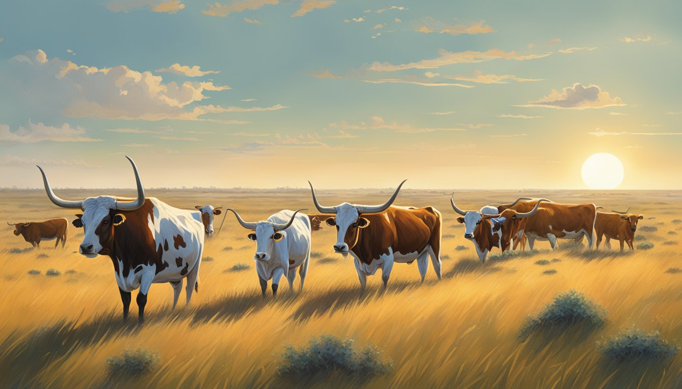 A herd of longhorn cattle bearing historic Texas cattle brands graze in a vast open prairie under the bright Texan sun