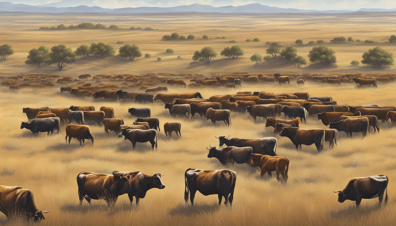 A herd of branded cattle grazing on the open range, each bearing a unique and intricate cattle brand on their hides