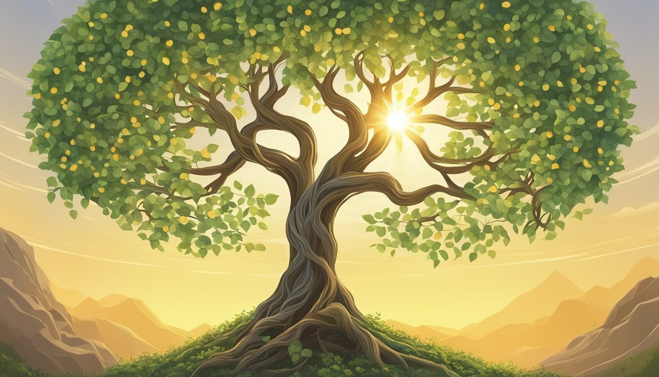 A tree and a vine entwined, reaching towards the sun, symbolizing growth and unity