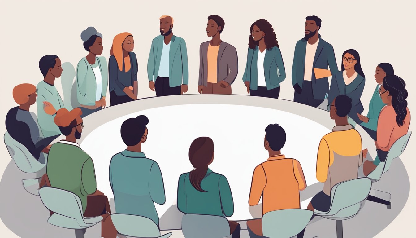 A group of diverse individuals stand in a circle, engaged in a collaborative discussion. A sense of empowerment and growth is evident as they share knowledge and ideas