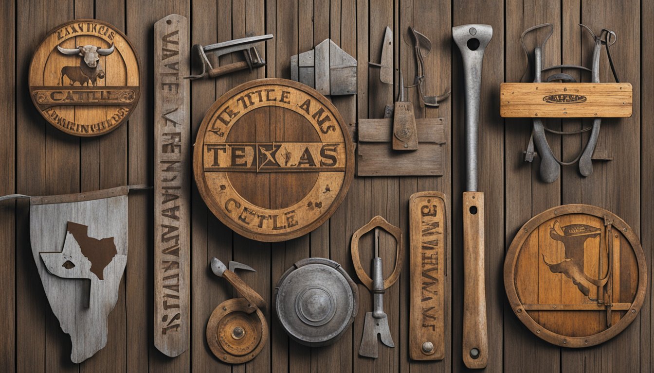 A group of historic Texas cattle brands displayed on weathered wooden panels, surrounded by rustic ranching tools and equipment