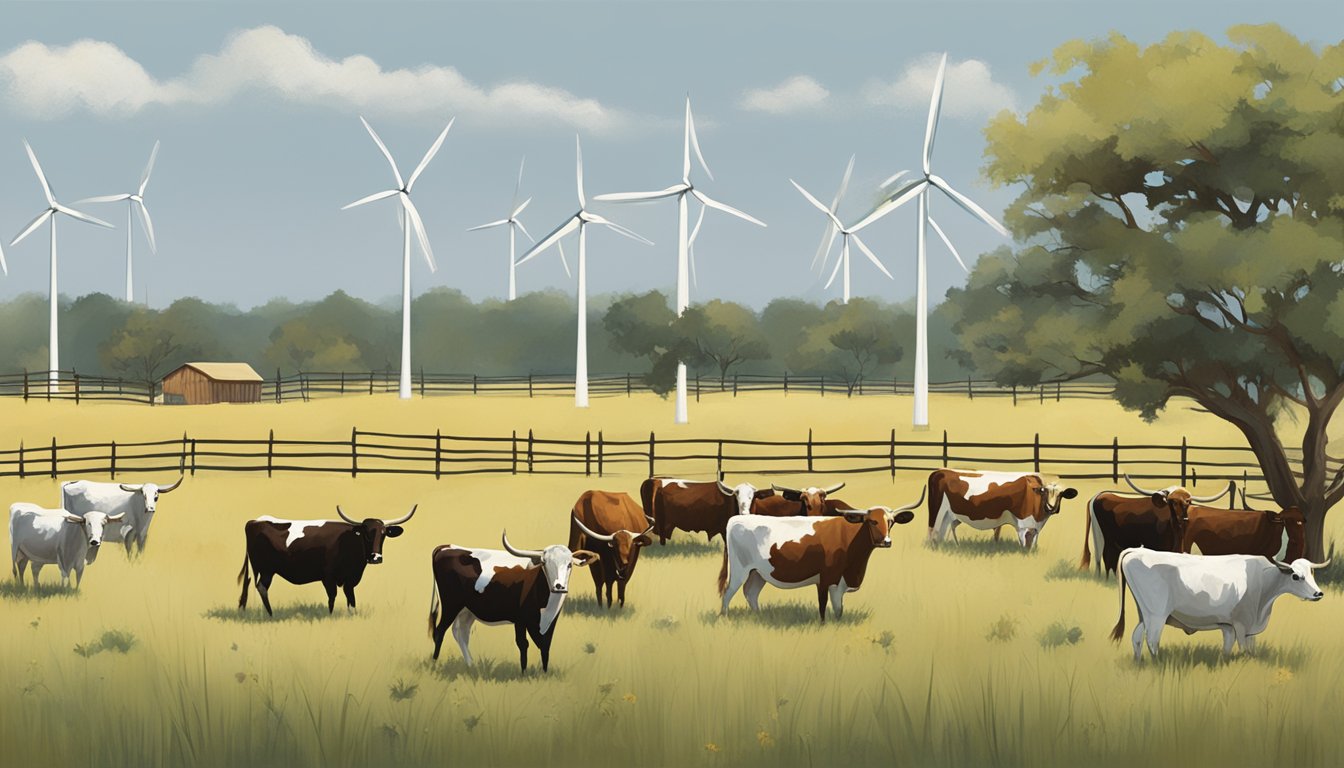 A herd of longhorn cattle graze in a fenced pasture, each branded with a unique historic Texas cattle brand. The landscape is dotted with modern wind turbines