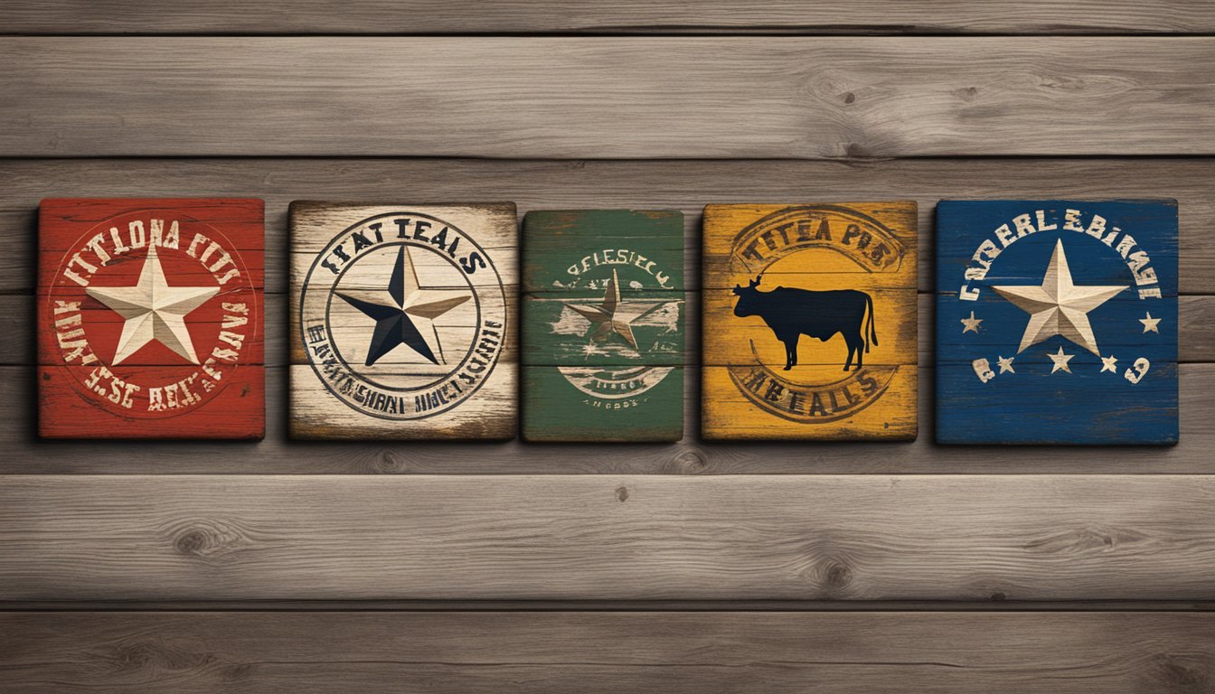 A group of historic Texas cattle brands displayed on weathered wooden boards