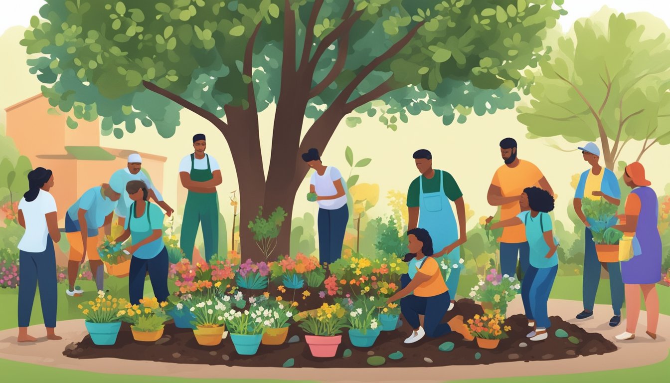 A group of diverse people gather around a blooming tree, planting and tending to the soil together in a vibrant community garden