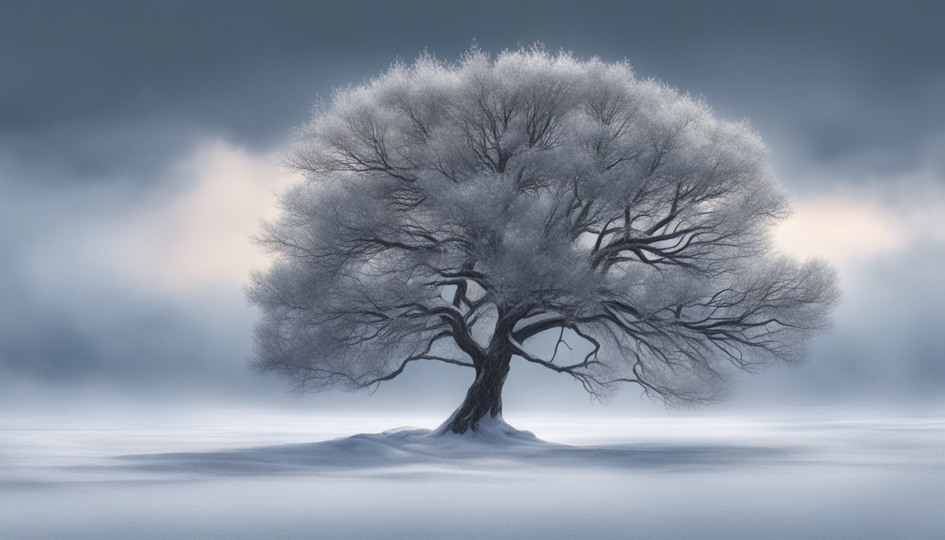 A lone tree stands resilient in a winter storm, its branches weighted down by heavy snow as the wind howls around it