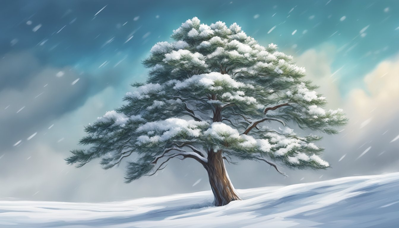 A lone pine tree stands tall against the backdrop of a snow-covered landscape, its branches weighed down by the heavy snow from Winter Storm Uri