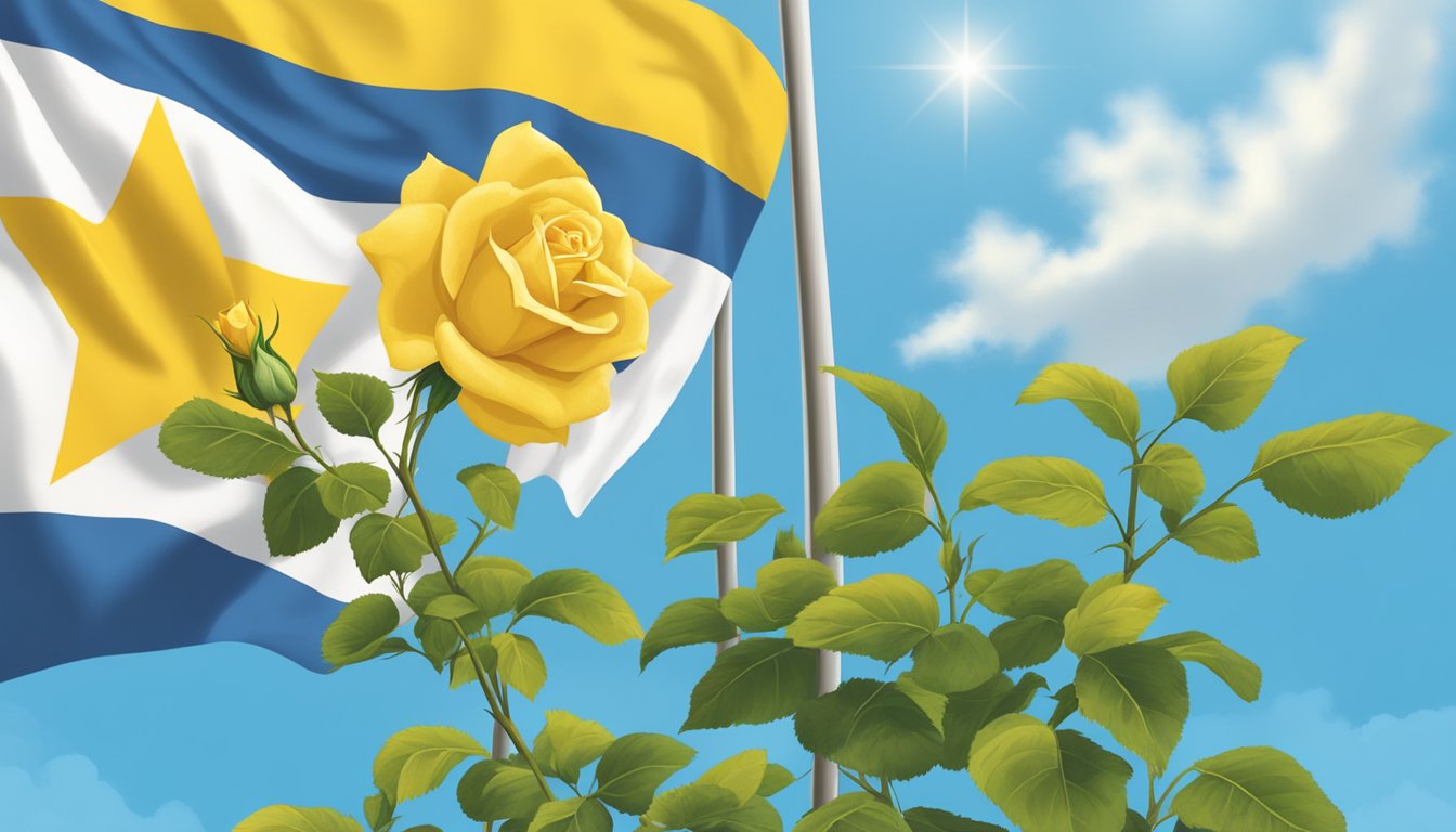 A lone lone star flag flying high against a blue sky with a yellow rose bush in the foreground