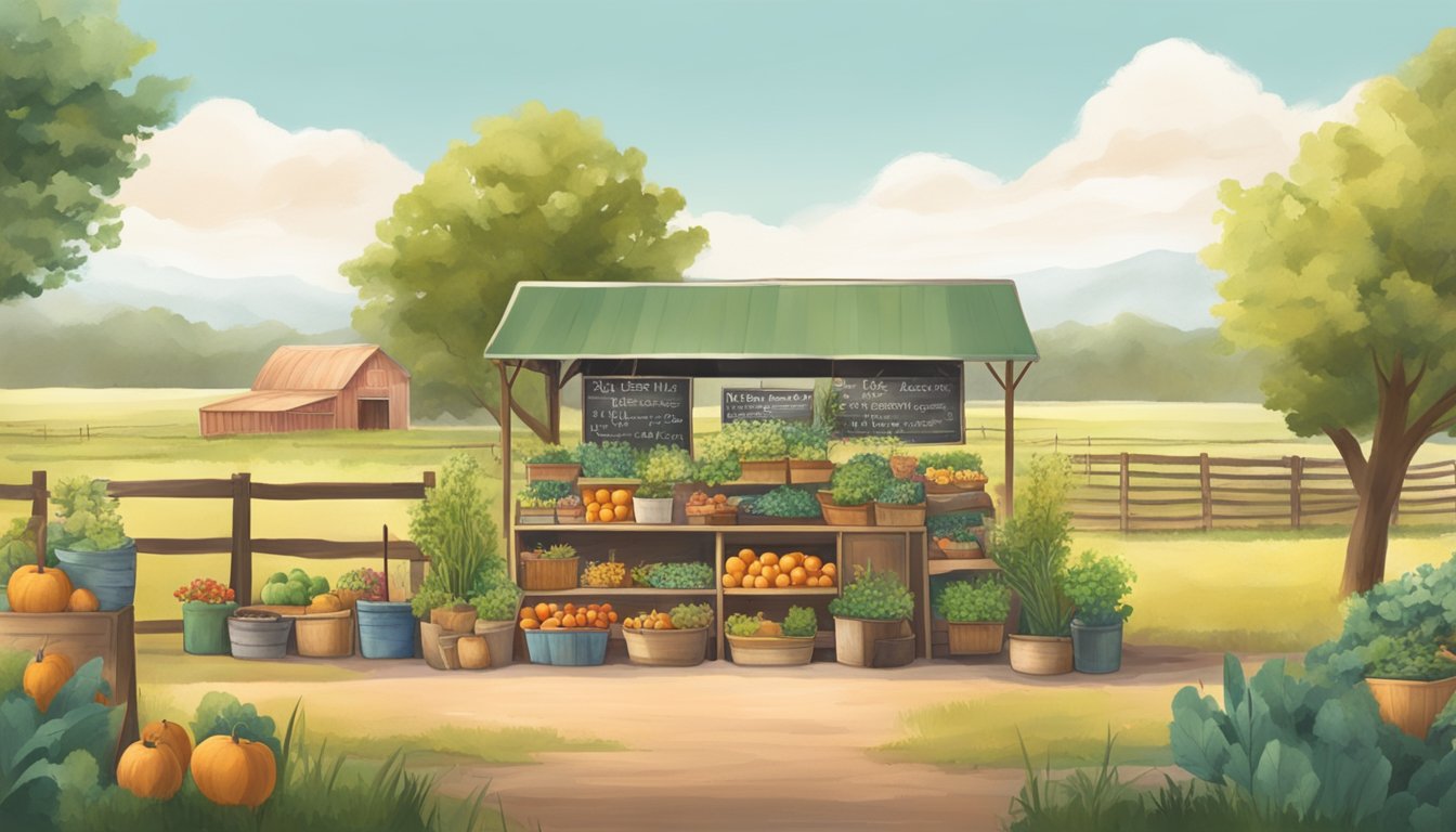 A serene Texas farm landscape with a farmer's market booth offering resources for stress management to the agricultural community