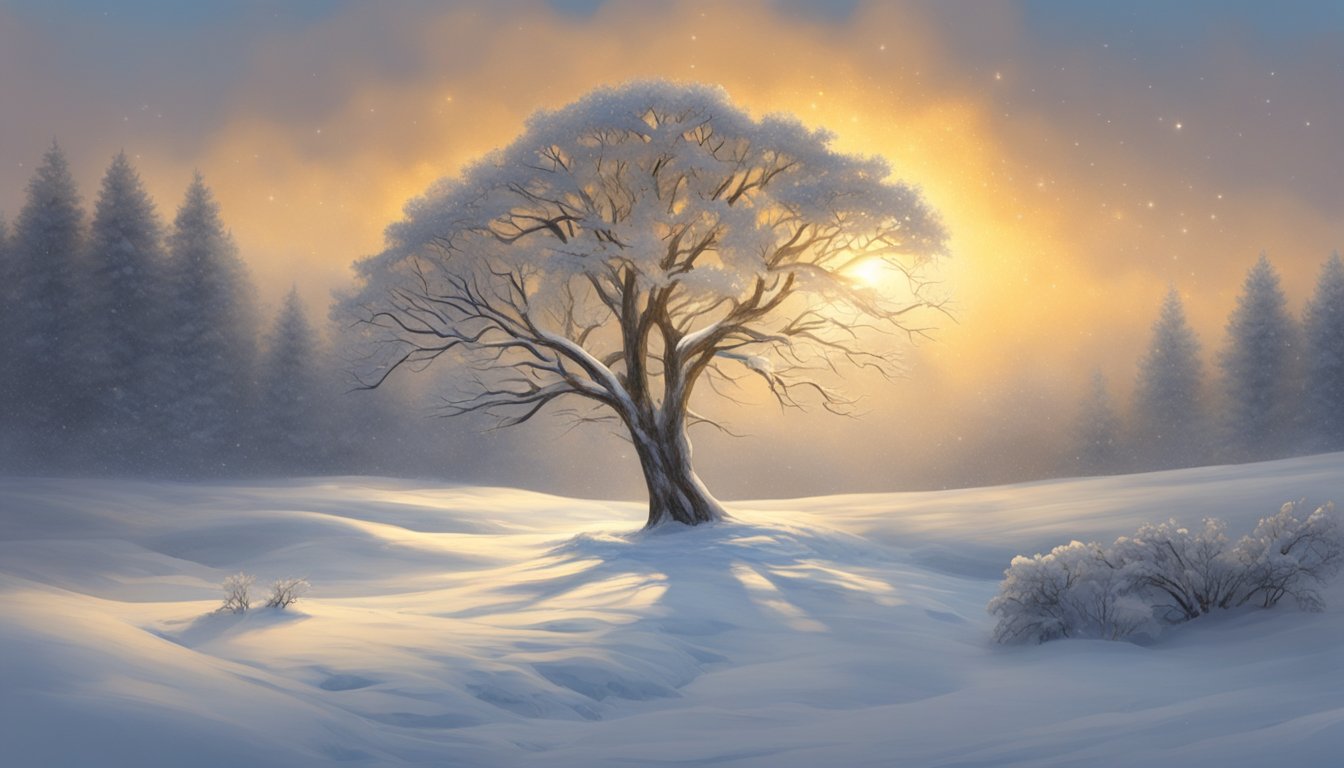 A lone tree stands strong amidst a snowy landscape, its branches weighed down by the heavy snowfall. The sun peeks through the clouds, casting a warm glow on the scene