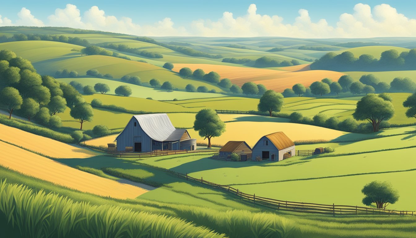 A serene Texas landscape with rolling hills and a peaceful farmstead, surrounded by fields of crops and livestock, under a clear blue sky