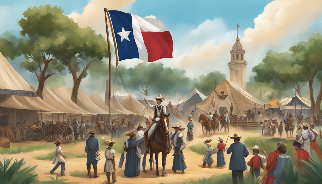 A festive scene with a large Texas flag flying high, surrounded by historical reenactments, educational displays, and resources for learning about San Jacinto Day