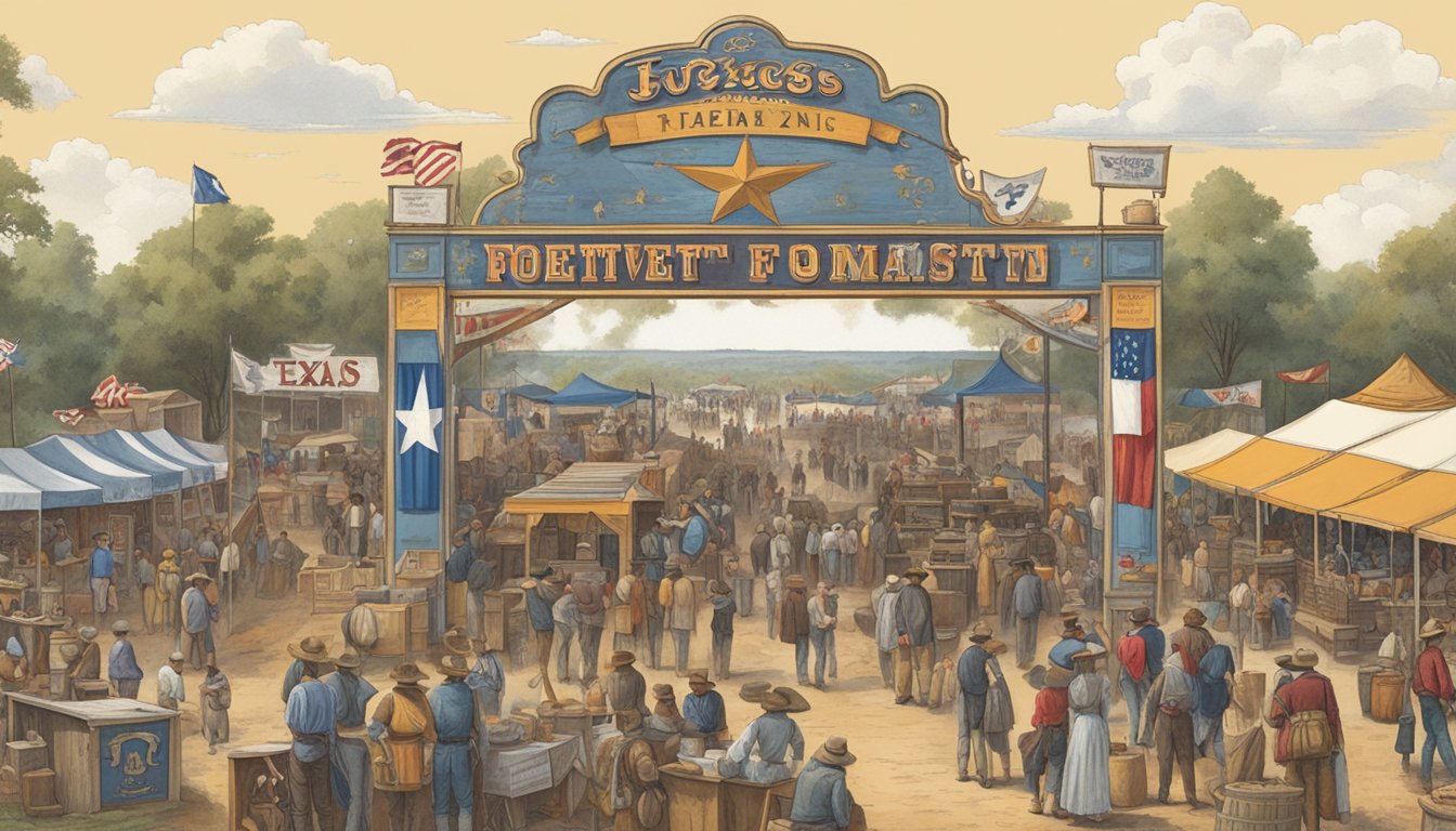 A crowd gathers at a Texas festival, with vendors, musicians, and historical reenactments. Sponsors' logos are displayed prominently