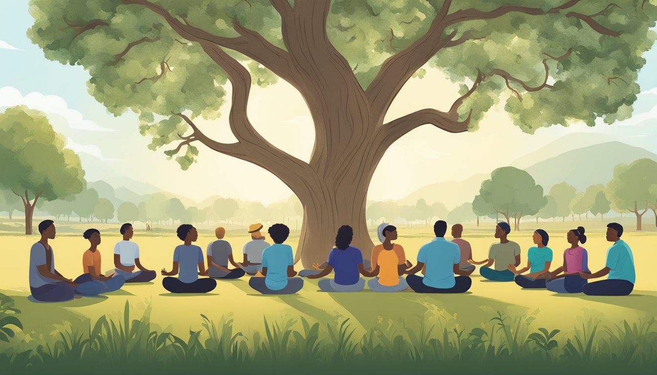 A group of farmers gather under a large oak tree, participating in a stress management workshop. A counselor leads the session, while others engage in activities like yoga and meditation