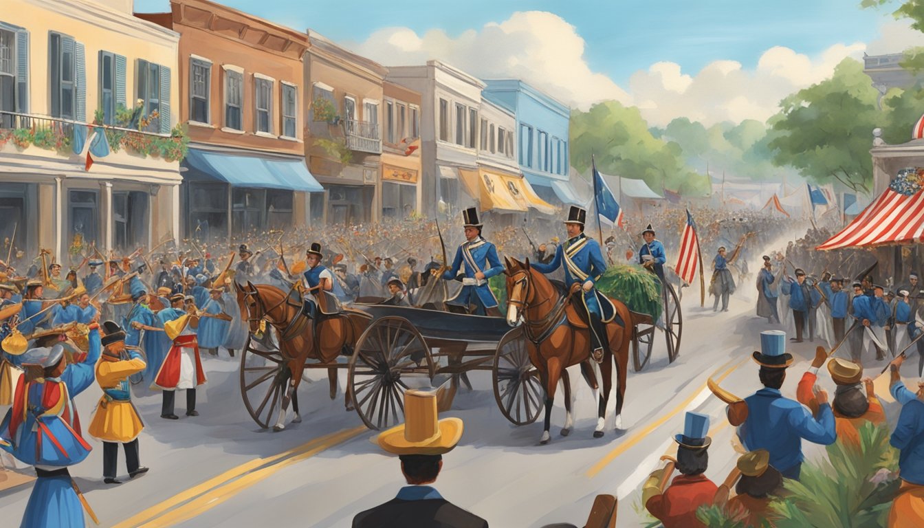 A festive parade with colorful floats and marching bands fills the streets, while people gather for a reenactment of the Battle of San Jacinto