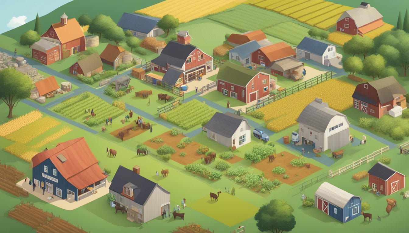 A bustling farm community with a helpline center, surrounded by fields and livestock, with signs promoting stress management resources