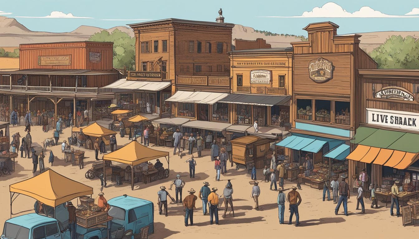 Busy stockyards with rustic storefronts, people shopping for cowboy gear, and outdoor dining with live music