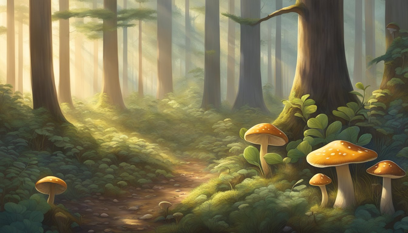 Sunlight filters through dense Texas forest, illuminating a variety of mushrooms sprouting from the earth. Tall trees and lush underbrush provide a backdrop for the diverse fungi waiting to be discovered