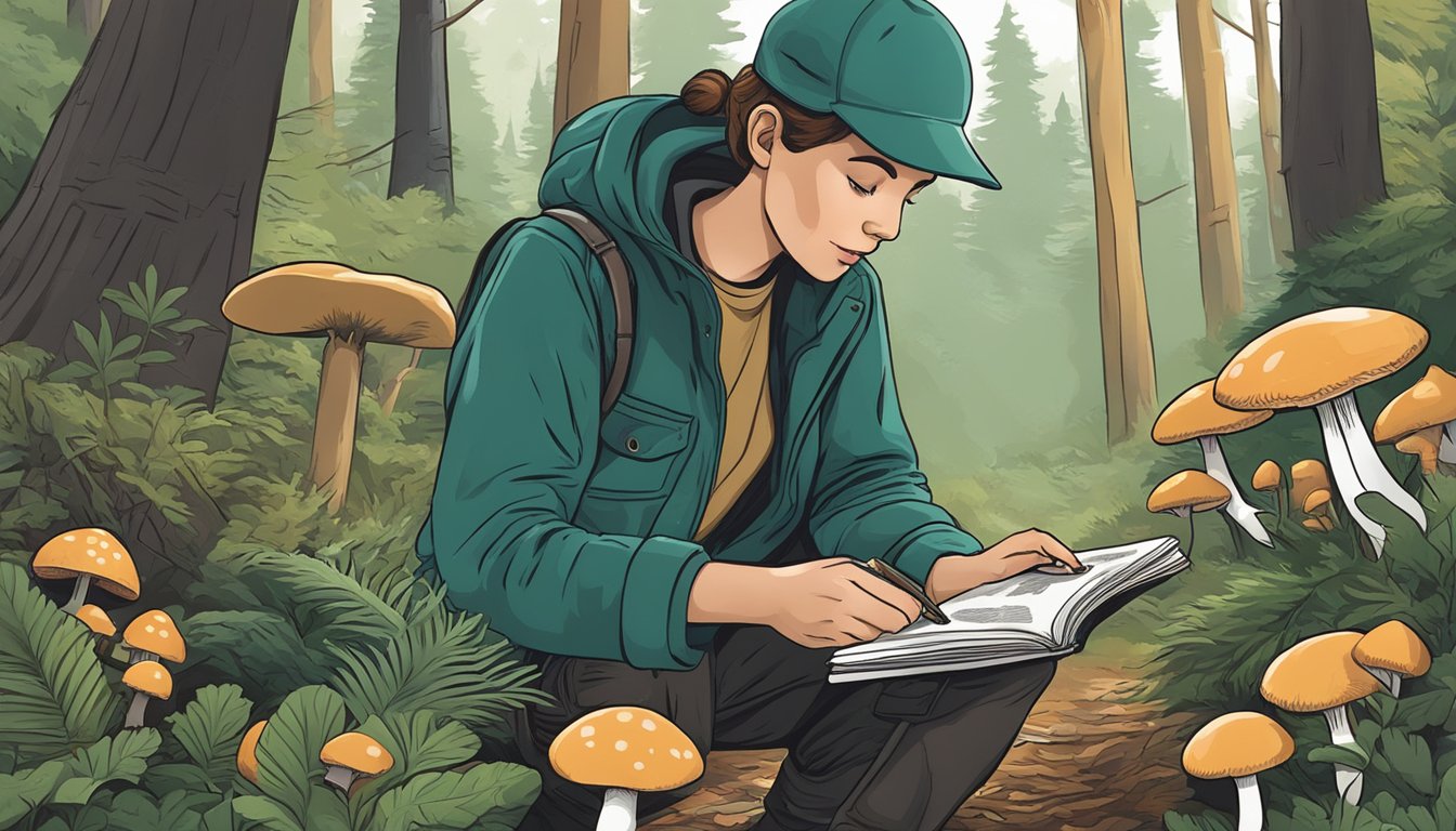 A person in a forest, carefully examining various mushrooms while holding a guidebook and wearing gloves for protection