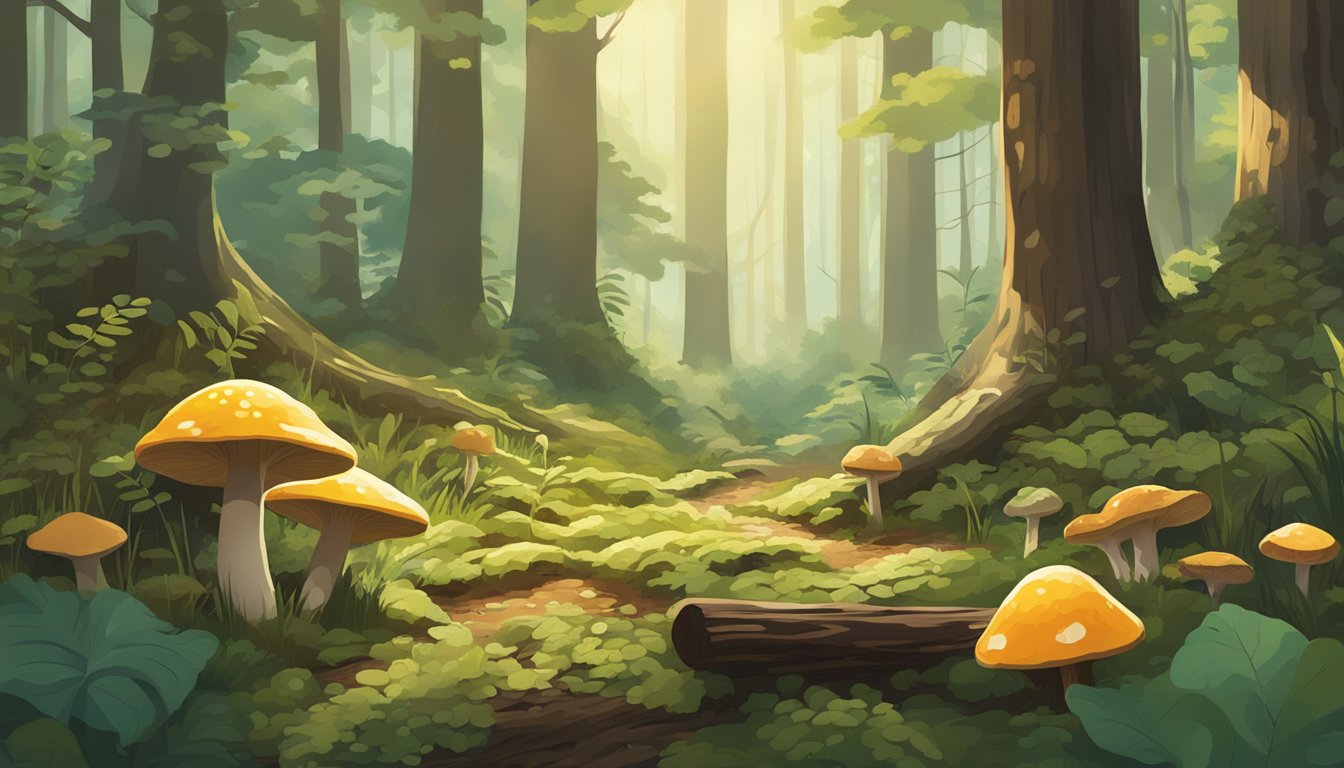 A lush forest floor with dappled sunlight filtering through the trees, showcasing various types of fungi growing on the ground and decaying logs