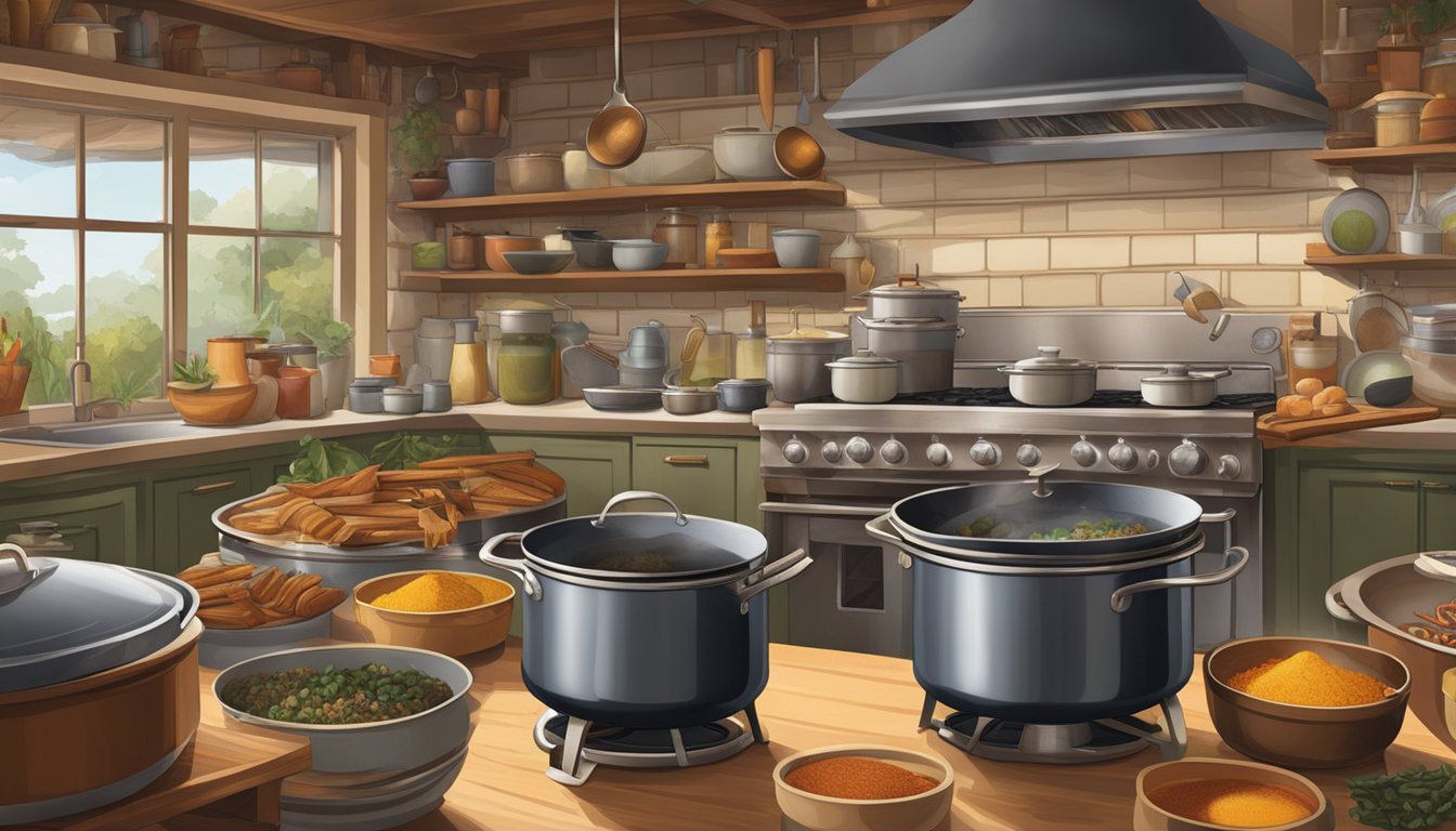 A bustling kitchen filled with simmering pots, sizzling skillets, and fragrant spices, evoking the rich history and diverse influences of Southern cuisine