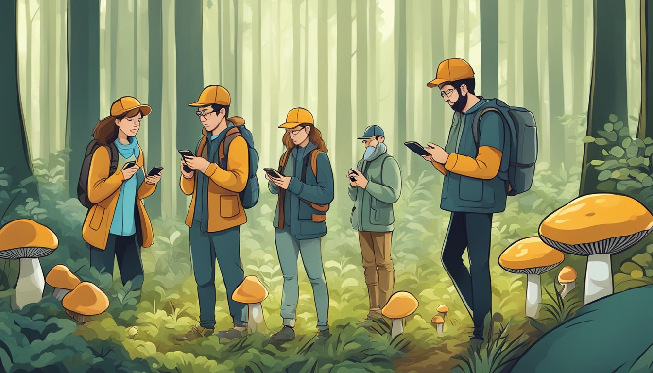 A group of people in a forest using smartphones and GPS devices to search for and identify different types of mushrooms