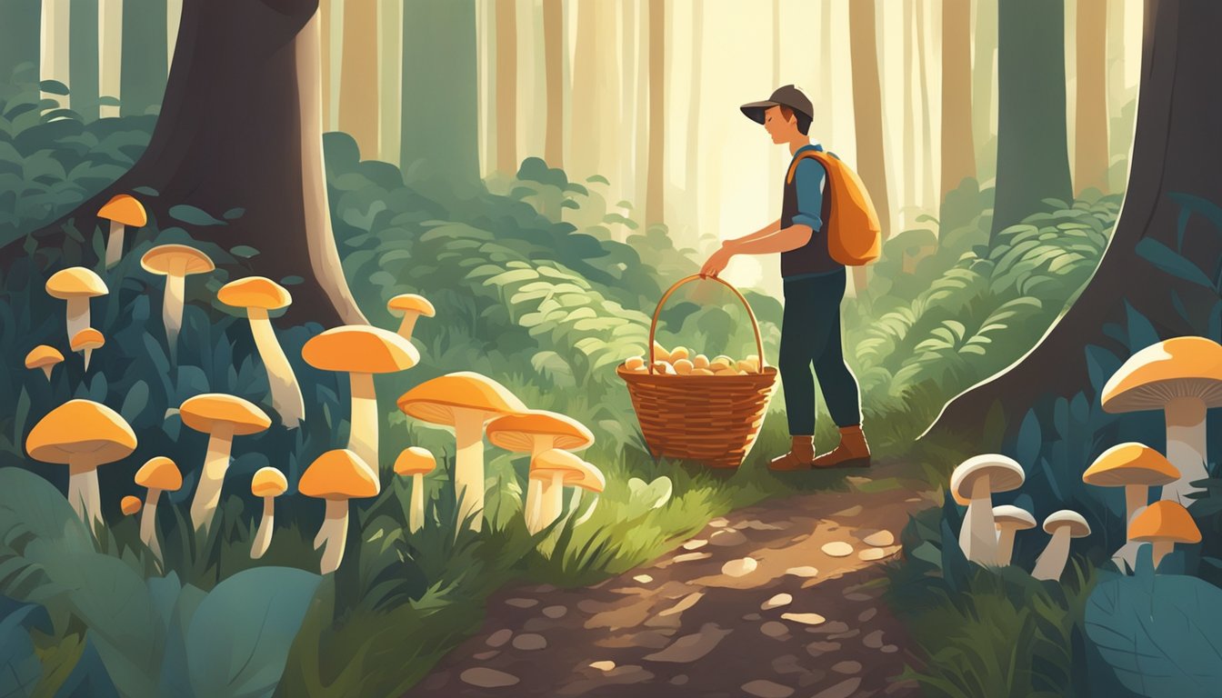 A person in a forest, gathering various mushrooms from the ground and placing them in a basket. The sunlight filters through the trees, casting dappled shadows on the forest floor