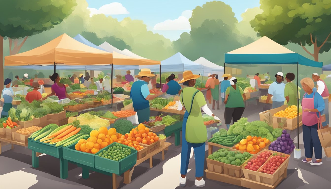 A bustling farmers market with colorful produce, community members engaged in gardening workshops, and volunteers distributing fresh food to families in need