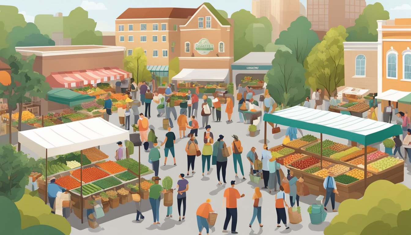 A bustling farmers' market with diverse vendors and customers, surrounded by community gardens and food education workshops