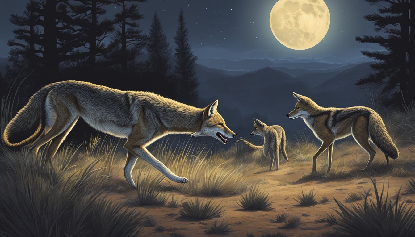 A pack of coyotes hunts under the moonlight, while a venomous rattlesnake prepares to strike from the shadows