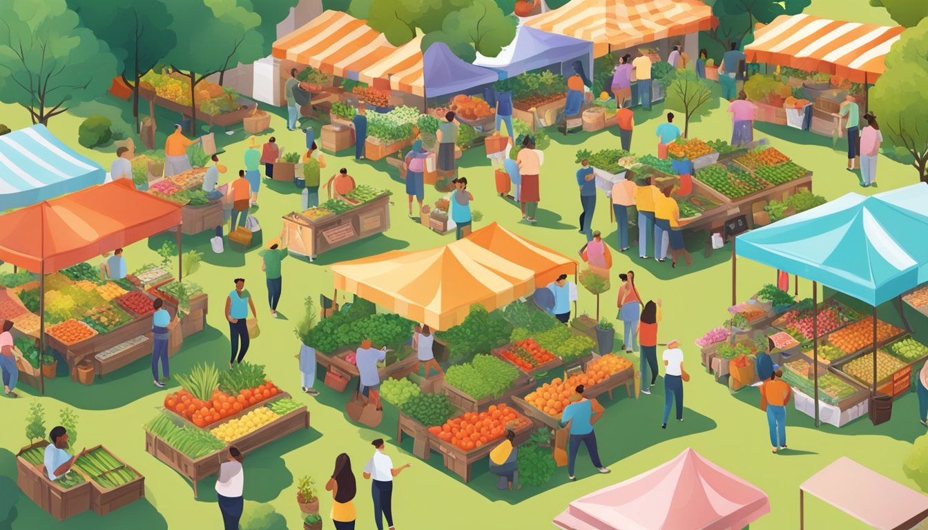 A vibrant farmers market with diverse vendors, live music, and interactive workshops, surrounded by a lush community garden